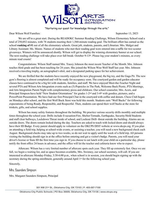 September Principal Letter